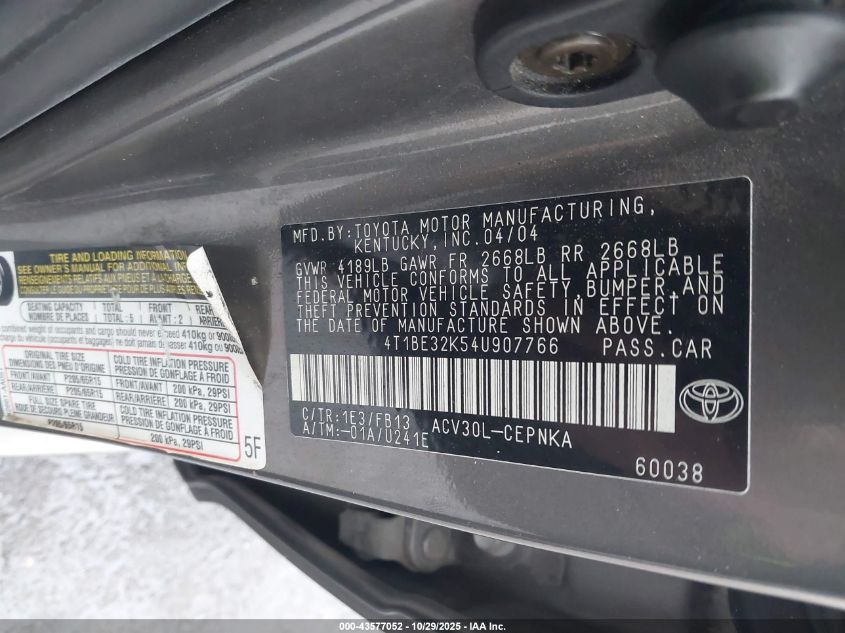 2004 Toyota Camry Le VIN: 4T1BE32K54U907766 Lot: 43577052