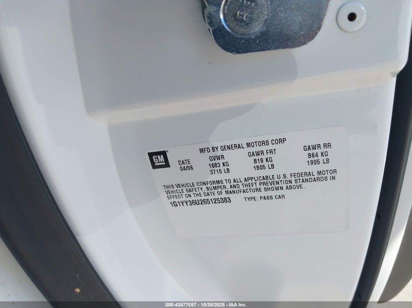 2006 Chevrolet Corvette VIN: 1G1YY36U265125383 Lot: 43577057