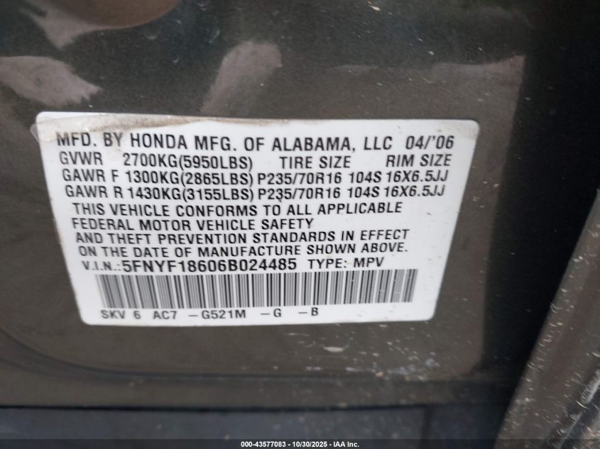 2006 Honda Pilot Ex-L VIN: 5FNYF18606B024485 Lot: 43577083