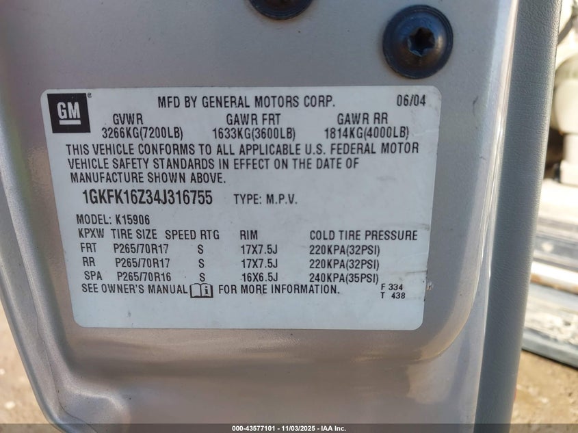 2004 GMC Yukon Xl 1500 Slt VIN: 1GKFK16Z34J316755 Lot: 43577101