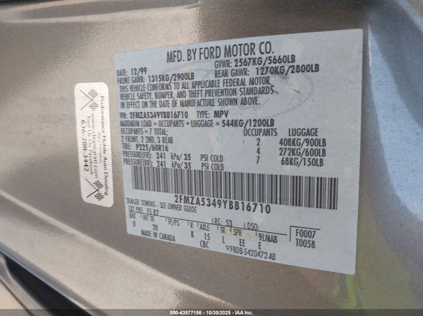 2000 Ford Windstar Limited/Sel VIN: 2FMZA5349YBB16710 Lot: 43577156