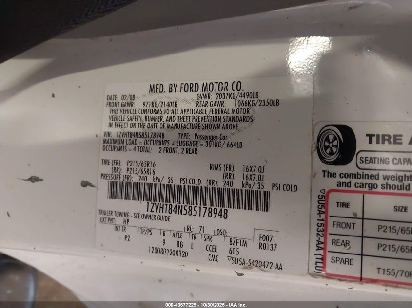 2008 Ford Mustang V6 Deluxe/V6 Premium VIN: 1ZVHT84N585178948 Lot: 43577229