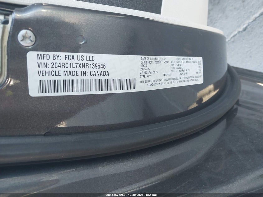 2022 Chrysler Pacifica Hybrid Touring L VIN: 2C4RC1L7XNR139546 Lot: 43577259