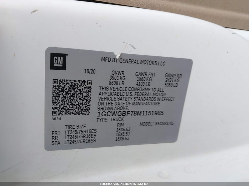 2021 Chevrolet Express Cargo Rwd 2500 Extended Wheelbase Wt VIN: 1GCWGBF78M1151965 Lot: 43577265