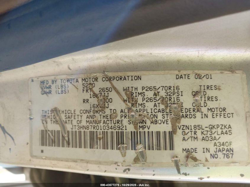 2001 Toyota 4Runner Limited V6 VIN: JT3HN87R010346921 Lot: 43577275