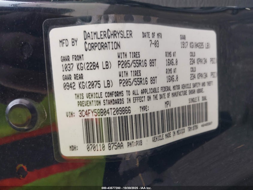 2004 Chrysler Pt Cruiser Touring VIN: 3C4FY58B04T209866 Lot: 43577280