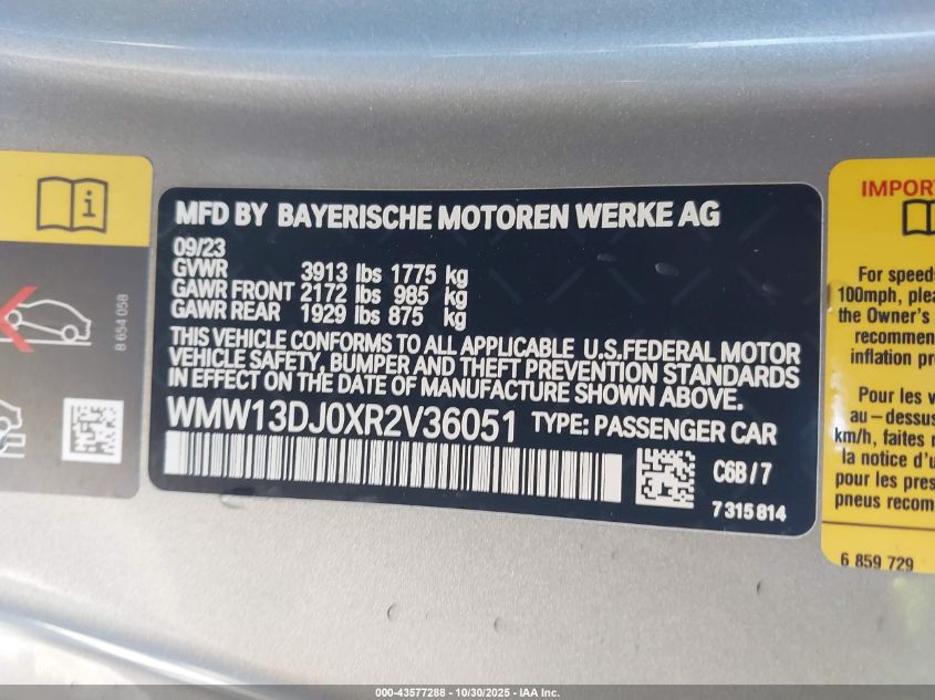 2024 Mini Se Hardtop Cooper VIN: WMW13DJ0XR2V36051 Lot: 43577288