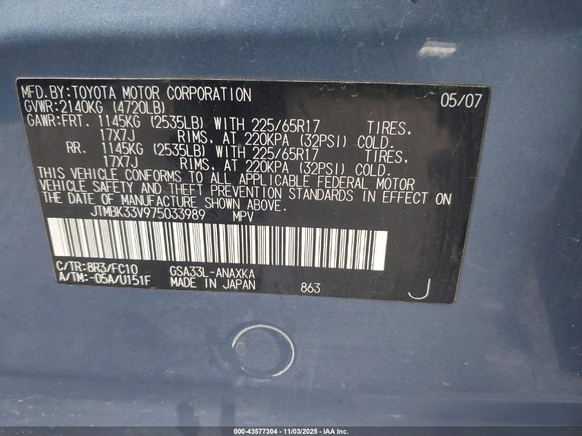 2007 Toyota Rav4 Base V6 VIN: JTMBK33V975033989 Lot: 43577304