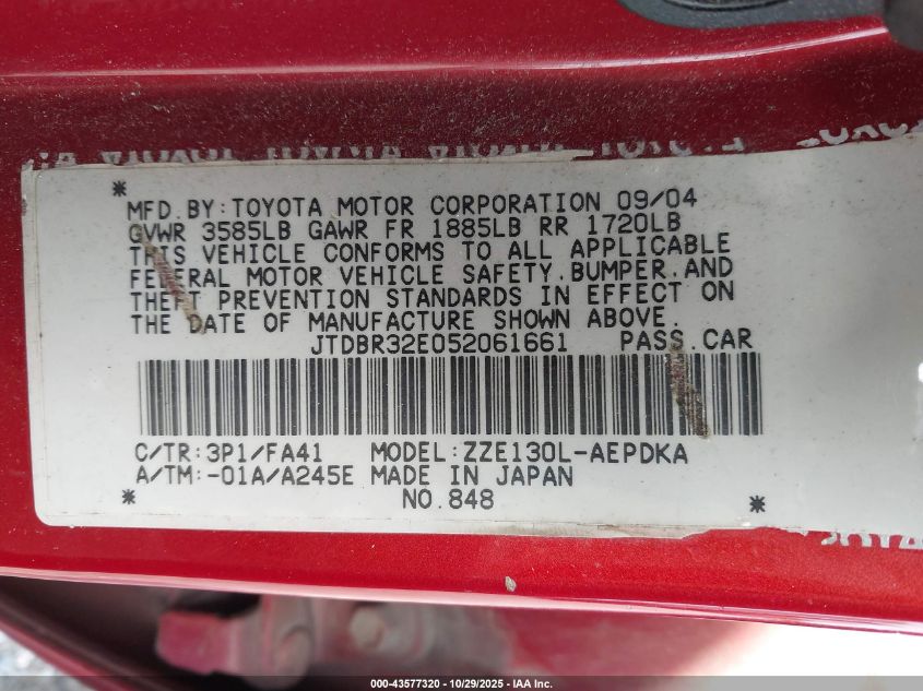 2005 Toyota Corolla Ce VIN: JTDBR32E052061661 Lot: 43577320