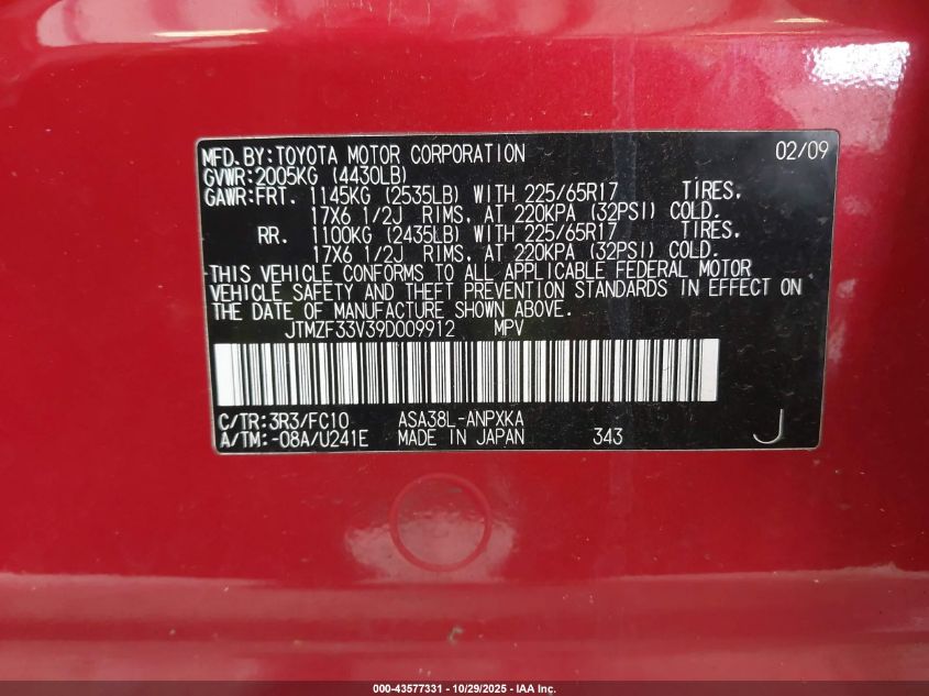 2009 Toyota Rav4 VIN: JTMZF33V39D009912 Lot: 43577331