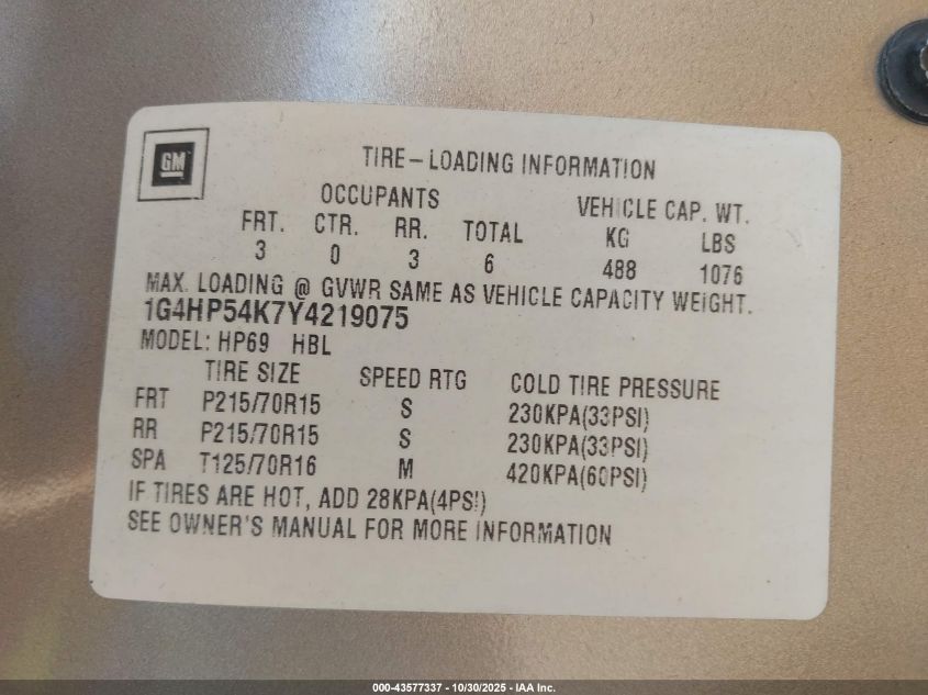 2000 Buick Lesabre Custom VIN: 1G4HP54K7Y4219075 Lot: 43577337