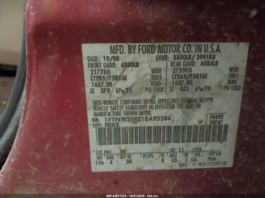 2001 Ford F-250 Lariat/Xl/Xlt VIN: 1FTNW21S21EA95584 Lot: 43577378