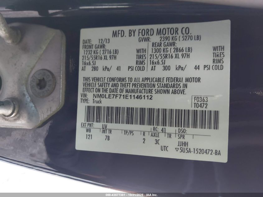 2014 Ford Transit Connect Xlt VIN: NM0LE7F71E1146112 Lot: 43577381