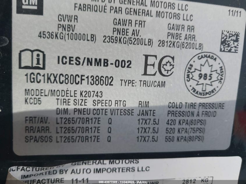 2012 Chevrolet Silverado 2500Hd Lt VIN: 1GC1KXC80CF138602 Lot: 43577389