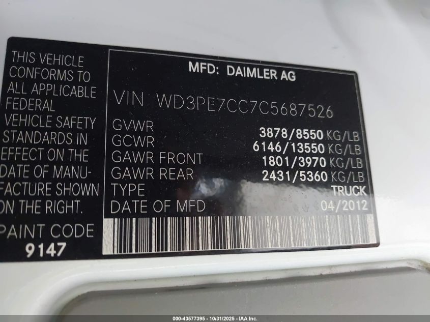 2012 Mercedes-Benz Sprinter 2500 Normal Roof VIN: WD3PE7CC7C5687526 Lot: 43577395