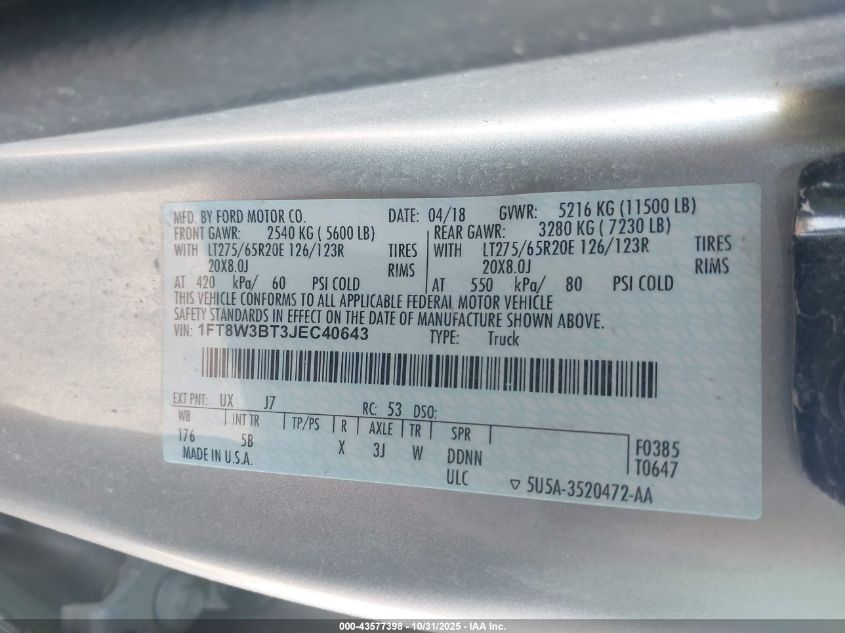 2018 Ford F-350 Lariat VIN: 1FT8W3BT3JEC40643 Lot: 43577398