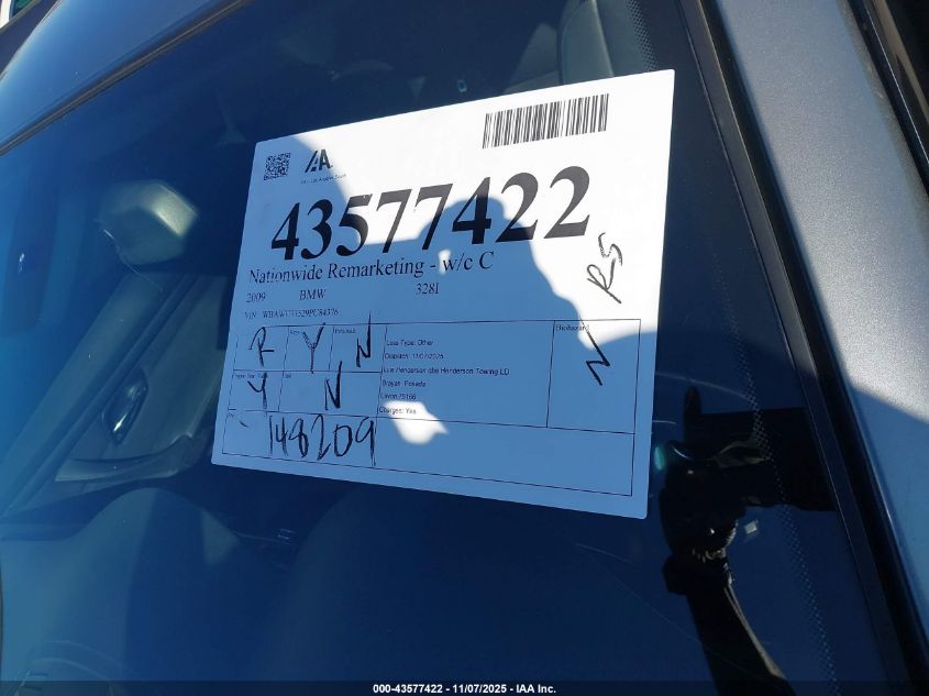 2009 BMW 328I xDrive VIN: WBAWC33529PU84376 Lot: 43577422