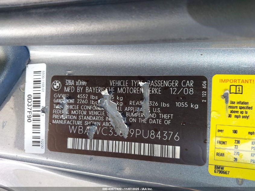 2009 BMW 328I xDrive VIN: WBAWC33529PU84376 Lot: 43577422