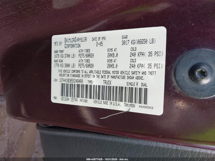 2005 Dodge Ram 1500 Slt/Laramie VIN: 1D7HA18D85S248480 Lot: 43577426