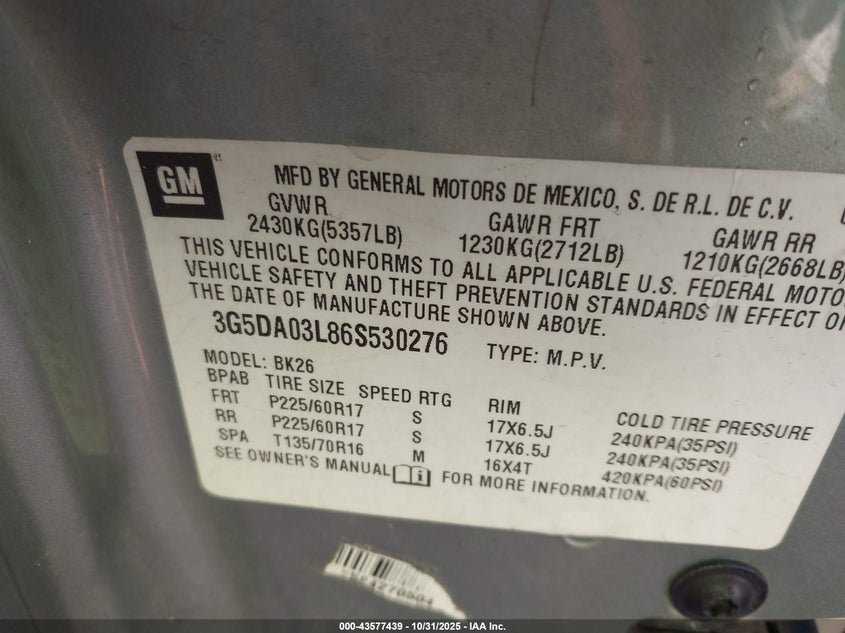 2006 Buick Rendezvous Cx VIN: 3G5DA03L86S530276 Lot: 43577439