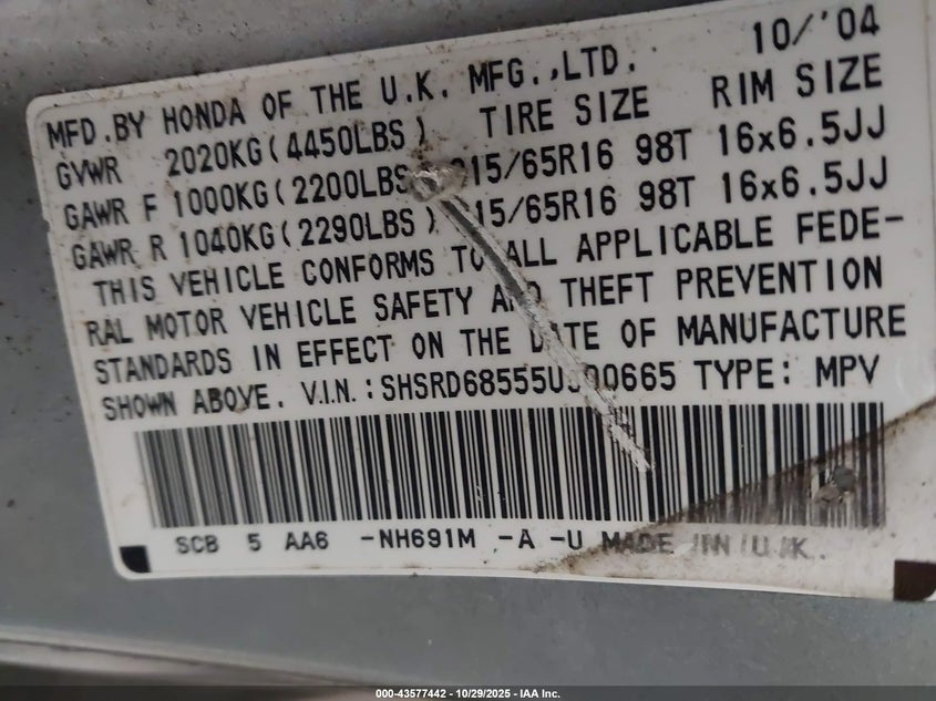 2005 Honda Cr-V Lx VIN: SHSRD68555U300665 Lot: 43577442