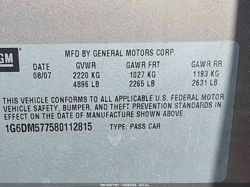 2008 Cadillac Cts Standard VIN: 1G6DM577580112815 Lot: 43577451