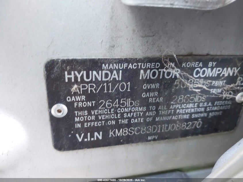 2001 Hyundai Santa Fe 2.7L V6 Gls/2.7L V6 Lx VIN: KM8SC83D11U088270 Lot: 43577455