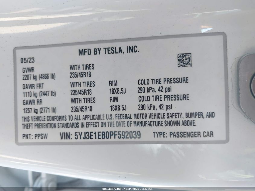 2023 Tesla Model 3 Long Range Dual Motor All-Wheel Drive VIN: 5YJ3E1EB0PF592039 Lot: 43577469