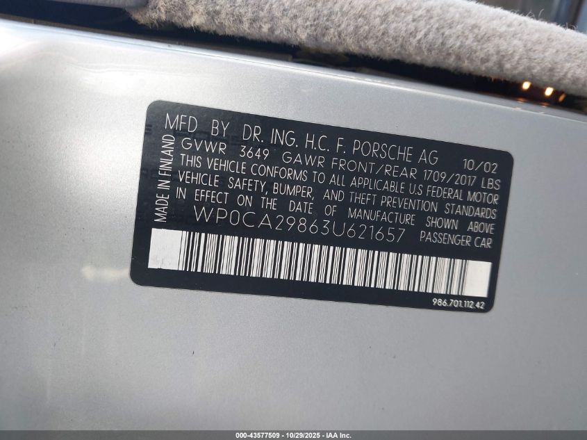 2003 Porsche Boxster VIN: WP0CA29863U621657 Lot: 43577509