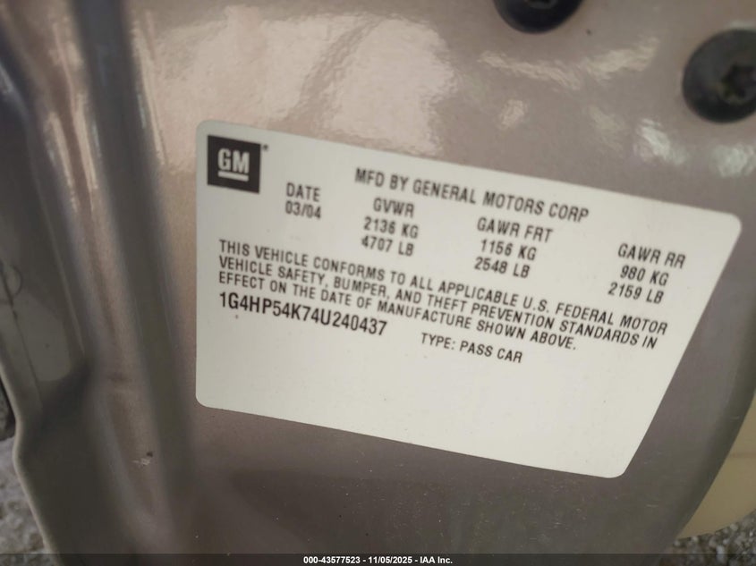 2004 Buick Lesabre Custom VIN: 1G4HP54K74U240437 Lot: 43577523