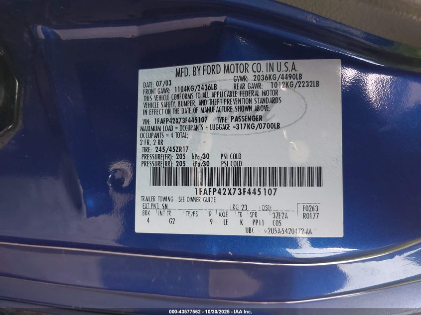 2003 Ford Mustang Gt VIN: 1FAFP42X73F445107 Lot: 43577562