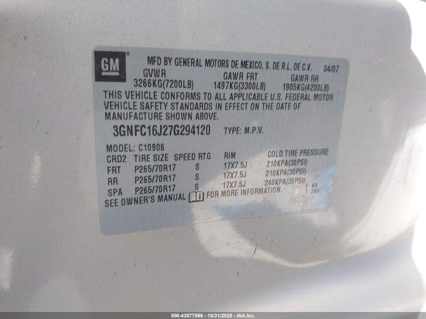 2007 Chevrolet Suburban 1500 Ls VIN: 3GNFC16J27G294120 Lot: 43577566