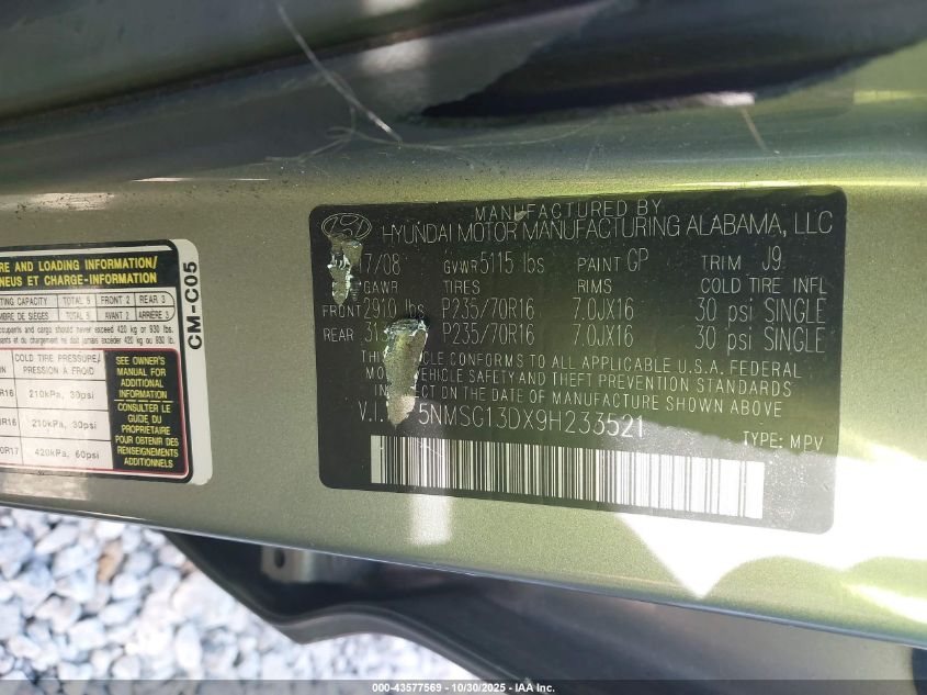 2009 Hyundai Santa Fe Gls VIN: 5NMSG13DX9H233521 Lot: 43577569