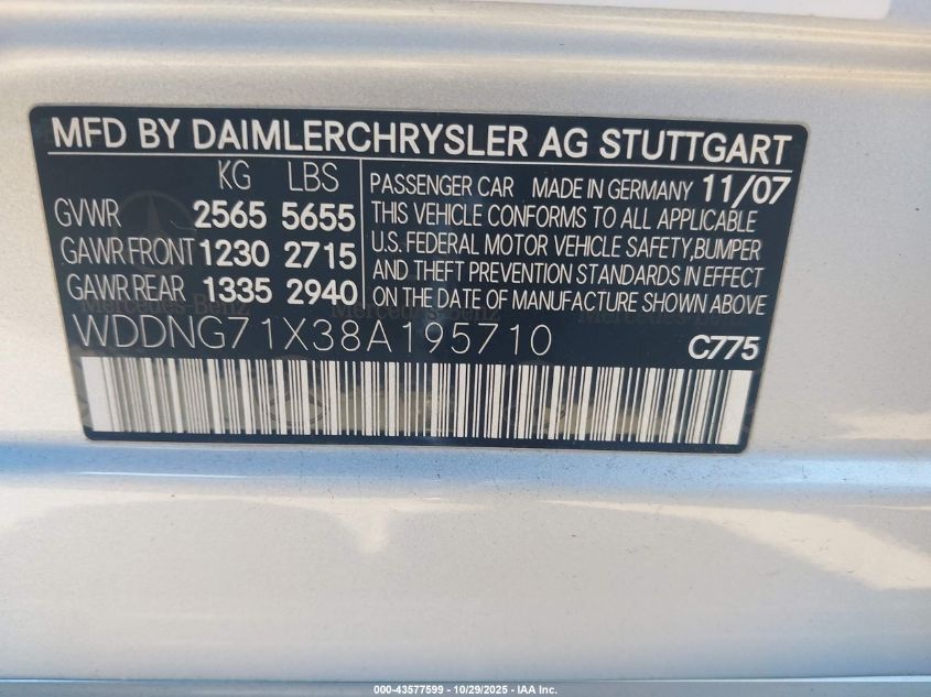 2008 Mercedes-Benz S 550 VIN: WDDNG71X38A195710 Lot: 43577599