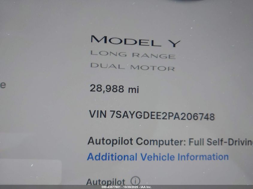 2023 Tesla Model Y Awd/Long Range Dual Motor All-Wheel Drive VIN: 7SAYGDEE2PA206748 Lot: 43577601