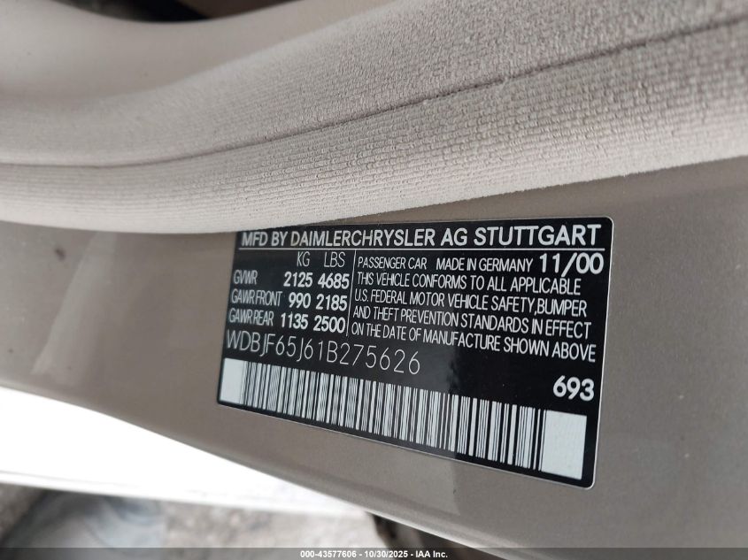 2001 Mercedes-Benz E 320 VIN: WDBJF65J61B275626 Lot: 43577606