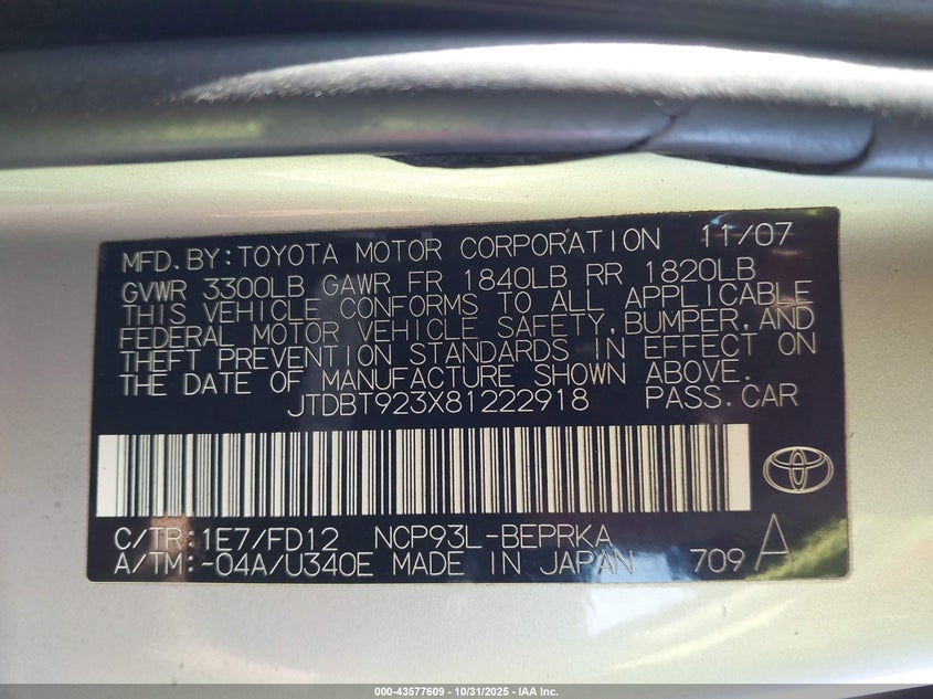 JTDBT923X81222918 2008 TOYOTA YARIS photo no. 9