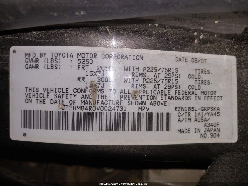 1997 Toyota 4Runner VIN: JT3HM84R0V0024731 Lot: 43577627