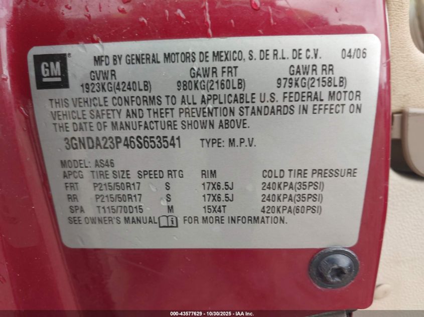 2006 Chevrolet Hhr Lt VIN: 3GNDA23P46S653541 Lot: 43577629