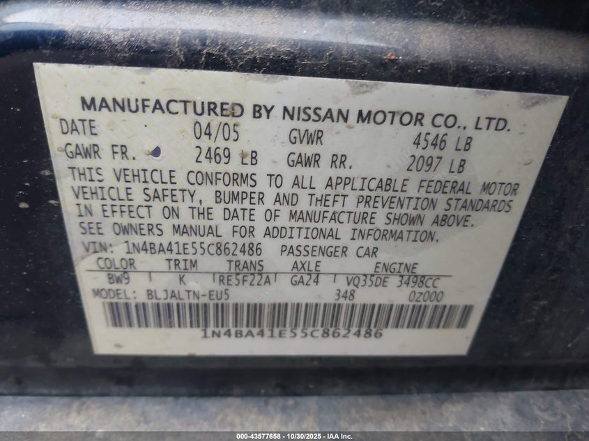 2005 Nissan Maxima 3.5 Se VIN: 1N4BA41E55C862486 Lot: 43577658