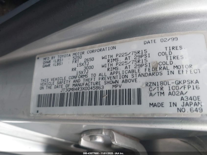 1999 Toyota 4Runner VIN: JT3GM84R3X0045863 Lot: 43577688