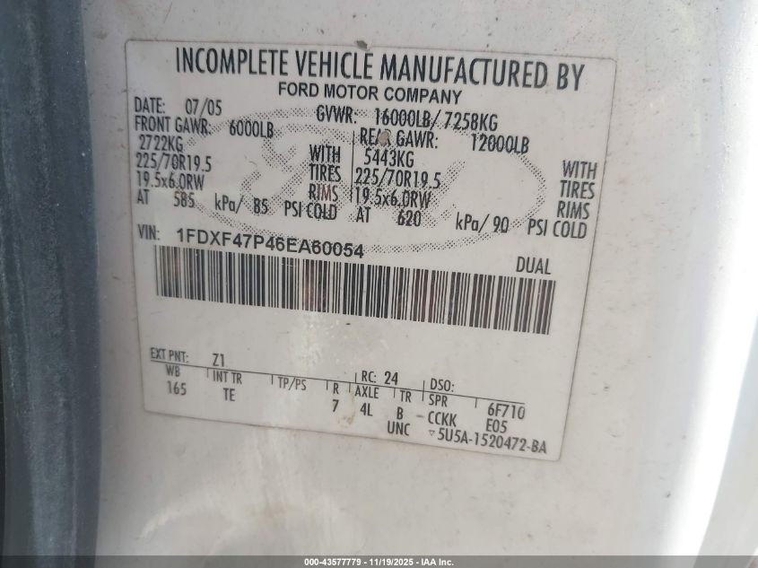 2006 Ford F-450 Chassis Xl/Xlt VIN: 1FDXF47P46EA60054 Lot: 43577779