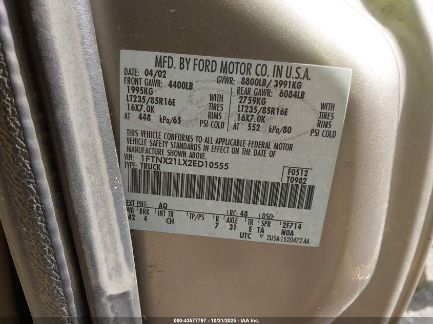 2002 Ford F-250 Lariat/Xl/Xlt VIN: 1FTNX21LX2ED10555 Lot: 43577797
