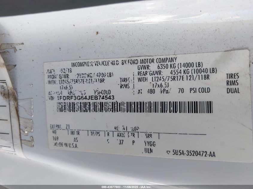 2018 Ford F-350 Chassis Xl VIN: 1FDRF3G64JEB74543 Lot: 43577803