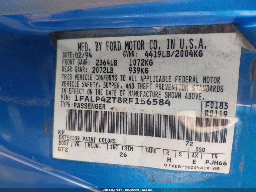 1994 Ford Mustang Gt VIN: 1FALP42T8RF156584 Lot: 43577811
