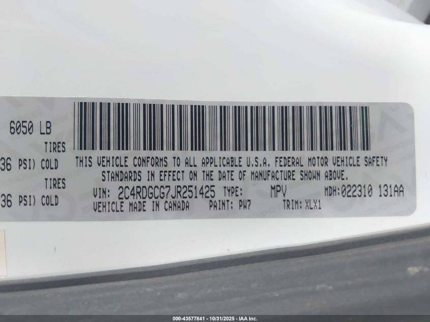2018 Dodge Grand Caravan Sxt VIN: 2C4RDGCG7JR251425 Lot: 43577841