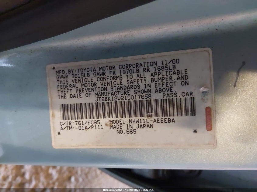 2001 Toyota Prius VIN: JT2BK12U210017658 Lot: 43577851