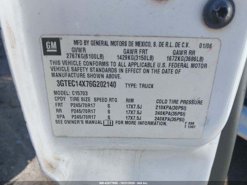 2006 GMC Sierra 1500 Work Truck VIN: 3GTEC14X76G202140 Lot: 43577865