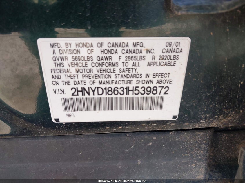 2001 Acura Mdx VIN: 2HNYD18631H539872 Lot: 43577866