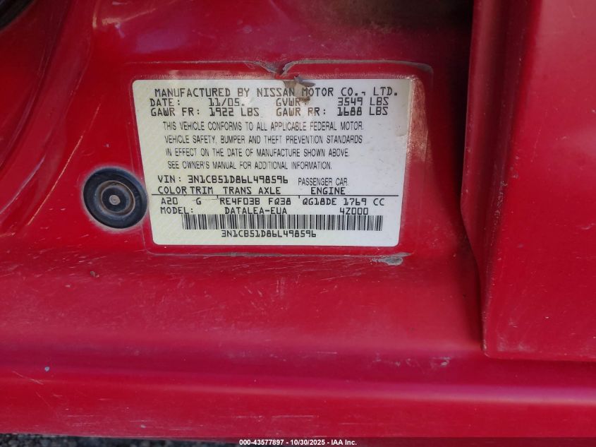 2006 Nissan Sentra 1.8S VIN: 3N1CB51D86L498596 Lot: 43577897